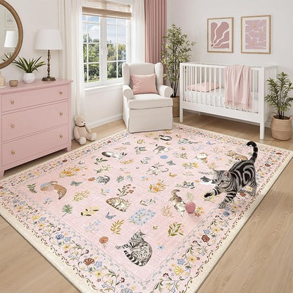 Soalmost Cat 5x7 Pink Area Rugs for Baby Girl Nursery, Machine Washable Animal Floral Vintage Rug Non-Slip Low Pile Soft Throw Rugs for Living Room Kitchen Dining Room Bedroom Playroom (5 x 7,Pink)