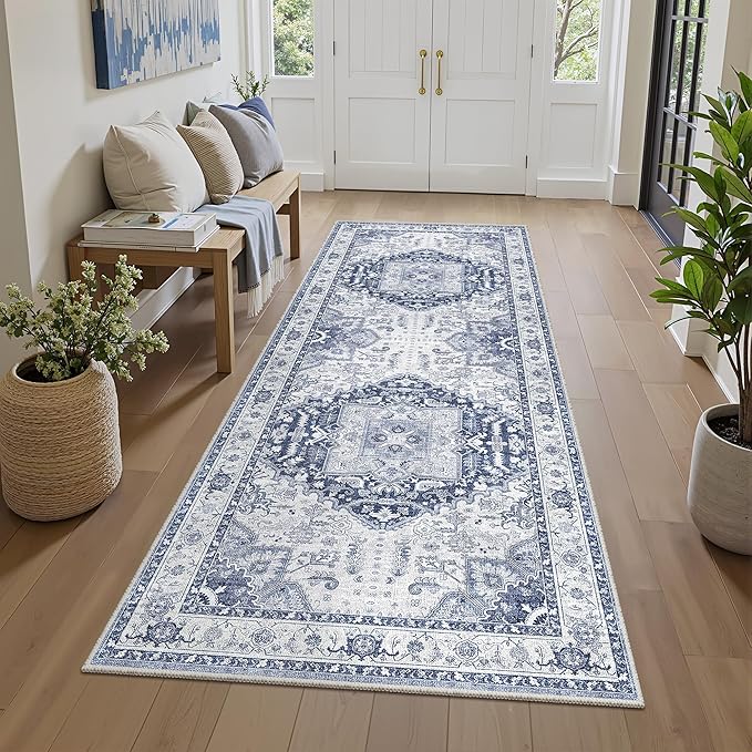 2x5 Washble Hallway Runner Rug - Vintage Non Slip Rugs for Entryway Ultra Soft Stain Resistant Distressed Indoor Low Pile Mat Waterproof Carpet for Living Room Bedroom Laundry Navy/Blue