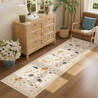 DUKINO 2.6x8 Washable Runner Rug for Hallway, Non Slip Animal Dog Kitchen Rug with Low Pile Design, Soft Stain Resistant Indoor Carpert Runner for Entryway, Bedroom, Laundry, Bathroom, Beige Yellow