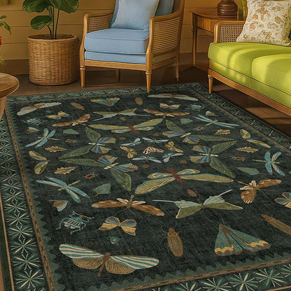 Dark Green Area Rugs 5x7 for Living Room - Fairy Fantasy Moss Rugs for Dining Room Table, Bedroom, Whimsical Insect Boho Moth Décor, Washable Non Skid Soft Carpet