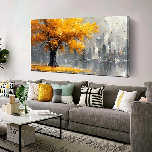 Large Yellow Tree Canvas Wall Art for Living Room Yellow and Grey Tree of Life Wall Art for Bedroom Office Modern Framed Canvas Prints Size 29x59