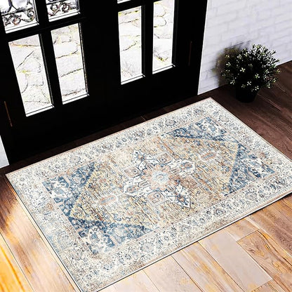 CHAMPLANT Area Rug 2x3 Washable Rug Door Mat Vintage Distressed Rug Doormat Indoor Entrance Traditional Thin Floral Print Non Slip Carpet for Kitchen Bathroom Bedroom Living Room