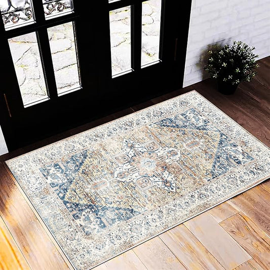 CHAMPLANT Area Rug 2x3 Washable Rug Door Mat Vintage Distressed Rug Doormat Indoor Entrance Traditional Thin Floral Print Non Slip Carpet for Kitchen Bathroom Bedroom Living Room