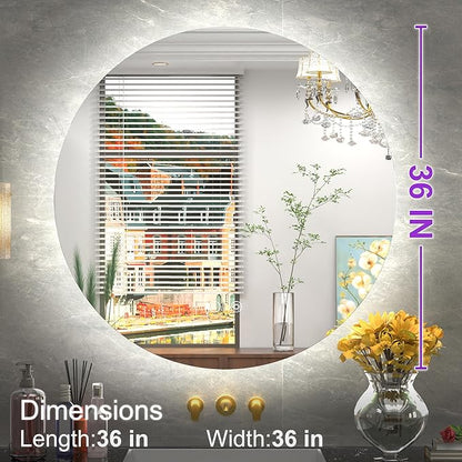 36 Inch Frameless Round LED Bathroom Mirror with Lights, 3 Color Temperatures (3000K/4500K/6000K), Anti-Fog, Dimmable Backlit, Round Vanity Mirror with Lights Wall Mounted