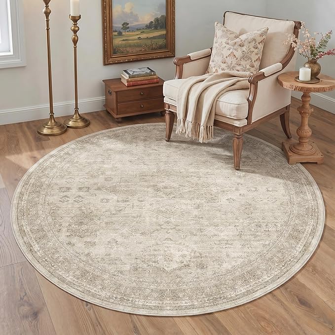 GENIMO 5FT Round Area Rugs for Living Room, Circle Rugs Machine Washable Low Pile, Chenille Non Slip Vintage Rug for Bedroom, Dining Room, Home Office, Ivory