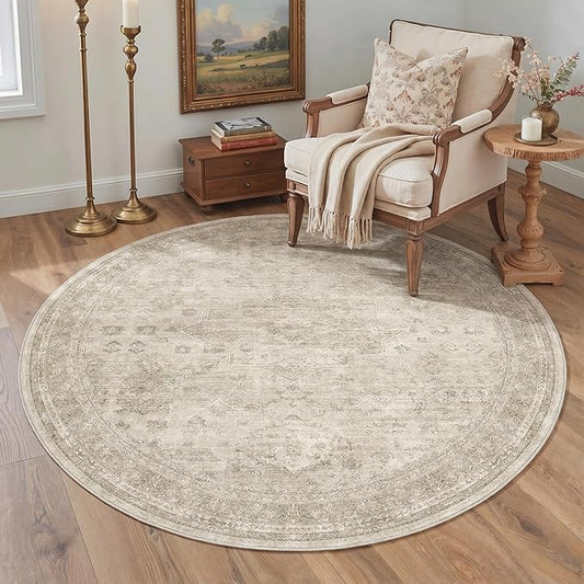 GENIMO 5FT Round Area Rugs for Living Room, Circle Rugs Machine Washable Low Pile, Chenille Non Slip Vintage Rug for Bedroom, Dining Room, Home Office, Ivory
