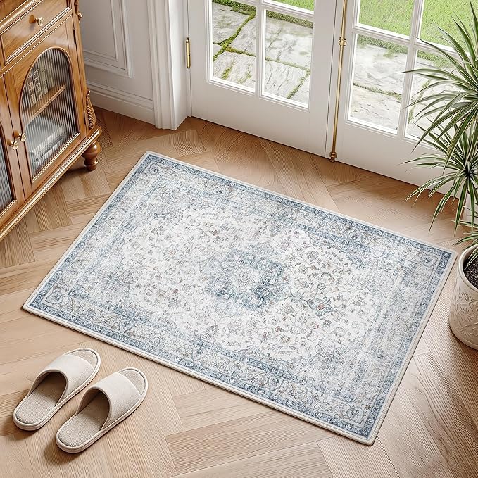 Entryway Rug 2x3 Blue Washable Vintage Entryway Area Rug Distressed Oriental Neutral Non Slip Low Pile Door Mat Soft Retro Small Throw Thin Indoor Carpet for Entry Entrance Kitchen Bathroom Bedroom