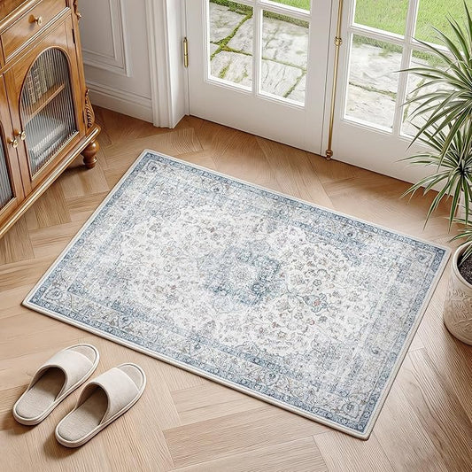 Entryway Rug 2x3 Blue Washable Vintage Entryway Area Rug Distressed Oriental Neutral Non Slip Low Pile Door Mat Soft Retro Small Throw Thin Indoor Carpet for Entry Entrance Kitchen Bathroom Bedroom