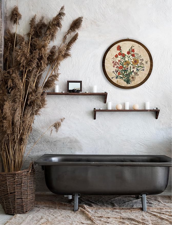 Vintage Floral Boho Hanging Wall Decor, Farmhouse Botanical Neutral Round Wooden Wall Art, Natural Flowers Western Boho Decorations for Living Room Bedroom Bathroom Kitchen Office Apartment Home, 02