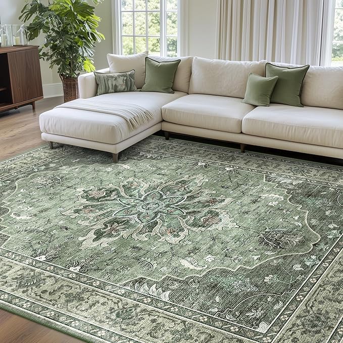 RELEANY Area Rugs 6'x9' Washable Non-Slip, Floral Vintage Distress Print Pattern Medallion Carpet for Living Room Bedroom Dining Room, Dark Green Gray