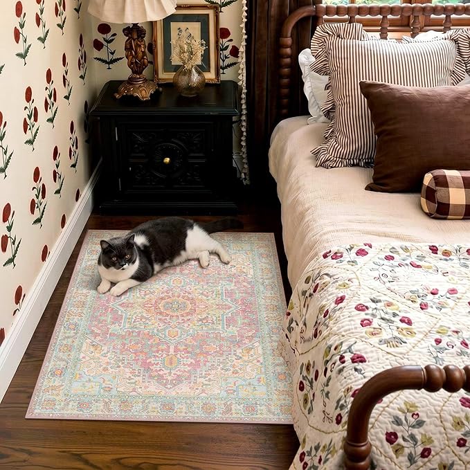2x3 Washable Small Front Door Pink Orange with Vintage Orient Design, Soft Rug for Entryway or Kitchen, Non-Slip Low Pile Stain Resistance Features, Distressed Medallion Pattern