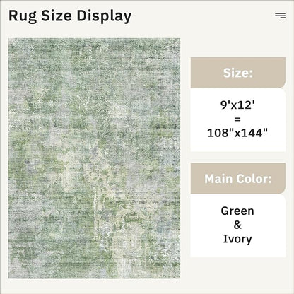 Soalmost 9x12 Area Rugs for Living Room, Non-Slip Machine Washable Vintage Rugs, Abstract Low Pile Lightweight Large Rug for Bedroom, Dining Room, Home Office Green Ivory