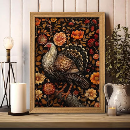 Framed Vintage Turkey 3D Textures Wall Art – Fall Floral Thanksgiving Wall Decor, Rustic Autumn Harvest Bird Artwork Painting for Living Room Kitchen Dining Room – 16x24in