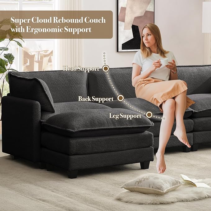 ROWHY 112'' Sectional Cloud Couch with Movable Ottoman, 4 Seat Modern Chenille Modular Sofa with 2 Throw Pillows, Deep Seat L Shaped Couch for Living Room Bedroom Apartment, Dark Grey | Sturdy Frame, Ultimate Comfort, Deep Seat, Pet-Friendly Fabric, Mo...