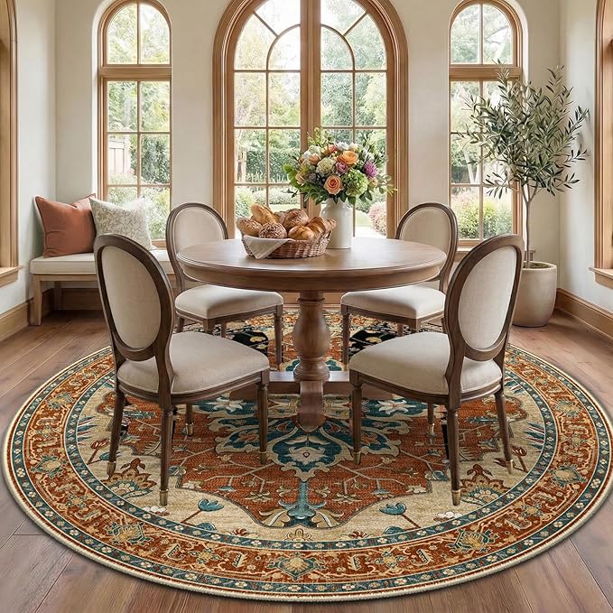 RELEANY Area Rugs Round 7ft Washable Non-Slip, Floral Vintage Distress Print Pattern Medallion Carpet for Living Room Bedroom Dining Room, Red Orange Blue Brown