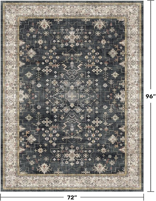 Hazo Haus Boho Dining Room Rugs for Under Table - Washable Black Area Rug for Living Room, Low Pile Non-Slip Rugs for Bedroom, Office - Charming Geometric Decor & Stain Resistance - 6x8 Black/Multi