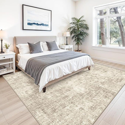 10x10 ft Square Living Room Rug – Washable Modern Abstract Area Rug for Bedroom, Dining Room, Playroom – Neutral Non-Slip Low-Pile Thin Indoor Carpet (Warm Beige)