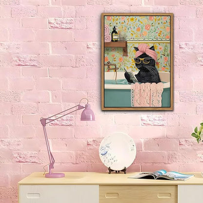 Floating Framed Bathroom Cat Canvas Wall Art, Funny Black Cat Reading Wall Decor, Cute Animal Prints Pictures Posters for Living Room Bedroom Toilet Kids Room Paintings 12x16 inch