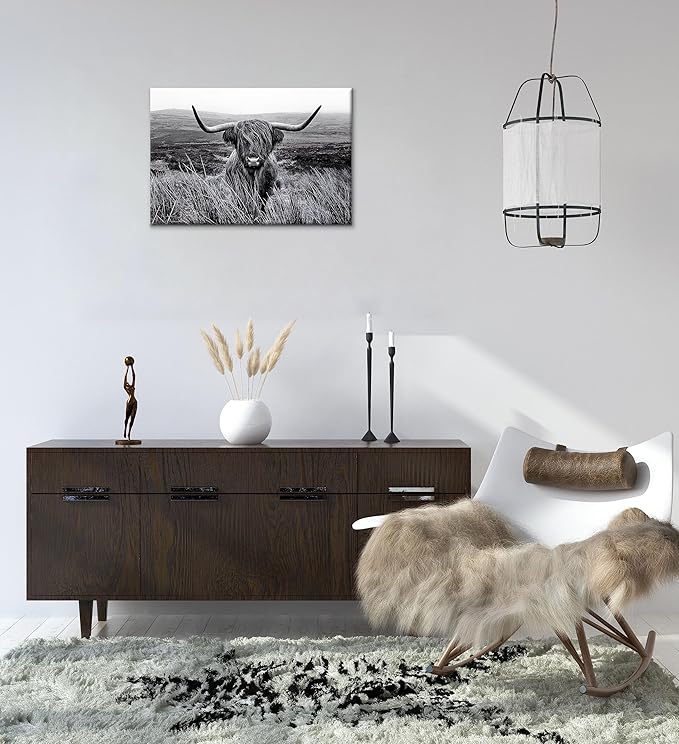Highland Cow Wall Art Canvas Black and White Artwork Canvas Picture Highland Cow Prints Paintings Wall Decor Framed for Living Room Bathroom (20x30 inch)