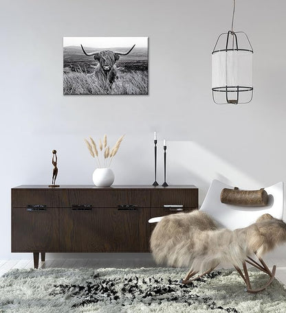 Highland Cow Wall Art Black and White Animal Wall Decor Canvas Cow Picture Highland Cow Prints Paintings Framed for Living Room Bathroom (12x16 inch)