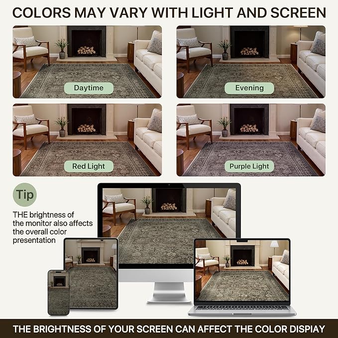 5x7 Area Rug Machine Washable Boho Rug for Living Room,Ultra-Thin Low Pile Carpet,Lightweight Indoor Printed Rug,Non Slip Floral Area Rug for Bedroom, Dining Room, Home Office,Vintage Sage Green