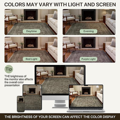 5x7 Area Rug Machine Washable Boho Rug for Living Room,Ultra-Thin Low Pile Carpet,Lightweight Indoor Printed Rug,Non Slip Floral Area Rug for Bedroom, Dining Room, Home Office,Vintage Sage Green