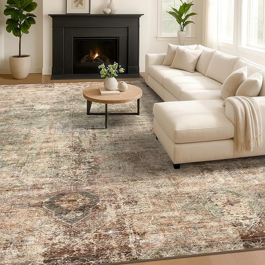 Vintage Green and Brown 6x8 Living Room Rug - Modern Abstract Rug for Dining Room Under Table, Bedroom, Foldable High Traffic Area Carpet, Washable Non Slip Soft Rust Taupe Faded Print Mat
