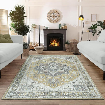 Bloom Rugs Washable Non-Slip 3' x 5' Rug - Yellow Traditional Medallion Area Rug for Living Room, Bedroom, Dining Room, and Kitchen - Exact Size: 3' x 5'
