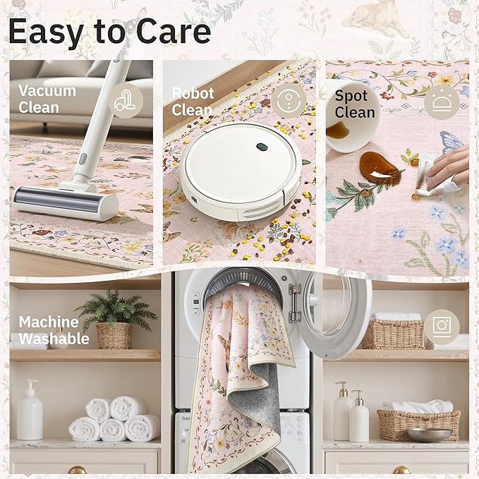 Soalmost Dog 8x10 Pink Area Rugs for Baby Girl Nursery, Washable Animal Floral Vintage Rug Non-Slip Low Pile Soft Throw Rugs for Living Room Dining Room Bedroom Playroom Classroom (8 x 10,Pink)