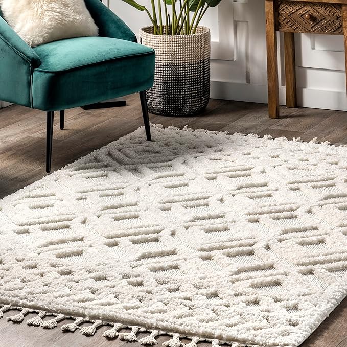 Nuloom Akia Cream/Ivory, 9' x 12', Geometric Lattice, Tasseled, Soft and Textured, High Traffic, Stain Resistant, Durable Area Rug for Bedroom, Living Room, Dining Space, Den, Foyer, Entryway
