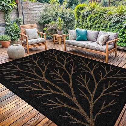 Washable Indoor Outdoor Rug 9x12 Modern Area Rugs Branch Pattern Non Shedding Waterproof Easy Clean Patio Deck Porch Living Room Bedroom Garden RV (9 X 12 Gold)