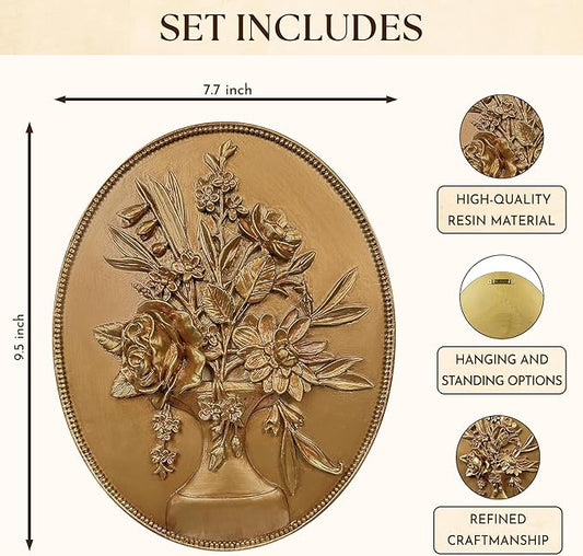 97 Decor Vintage Wall Sculptures For Living Room - Gold Vintage Wall Decor, Ornate Oval Hangings Antique Pediment Brass Floral Walls Art Gallery For Home Kitchen Bedroom Decorations