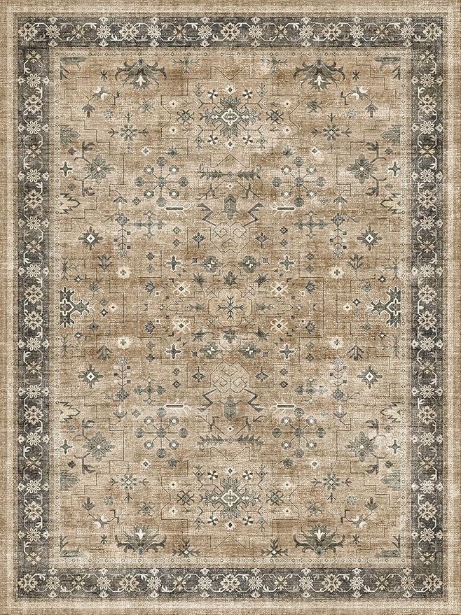 Warm Taupe Sage 9x12 Living Room Rug - Vintage Extra Large Area Rugs for Dining Room Under Table, Washable Low Pile Carpet for Bedroom Under the Bed, Non-Slip Stain & Fade Resistant