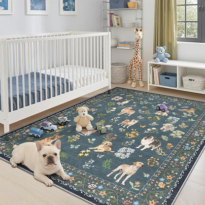 Soalmost Dog 5x7 Area Rugs for Living Room, Machine Washable Animal Floral Vintage Rug Non-Slip Low Pile Soft Throw Rugs for Kitchen Dining Room Bedroom Nursery Playroom (5 x 7,Navy Blue)