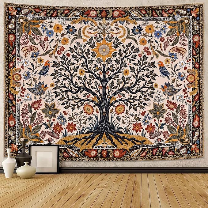 Lunerfex Folk Art Wall Tapestry - Tree of Life with Sun and Bird Wall Hanging for Bedroom and Living Room - Boho Floral Tapestries 90"x70"
