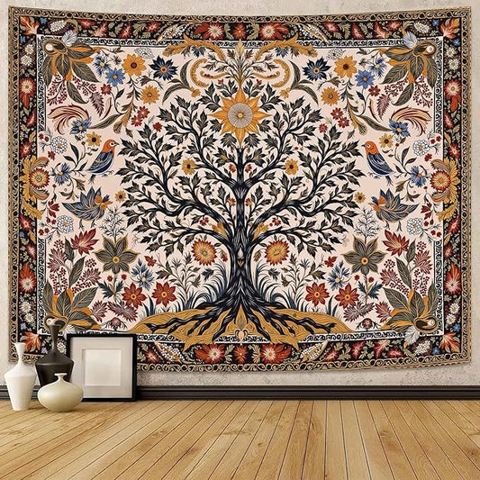 Lunerfex Folk Art Wall Tapestry - Tree of Life with Sun and Bird Wall Hanging for Bedroom and Living Room - Boho Floral Tapestries 80"x60"