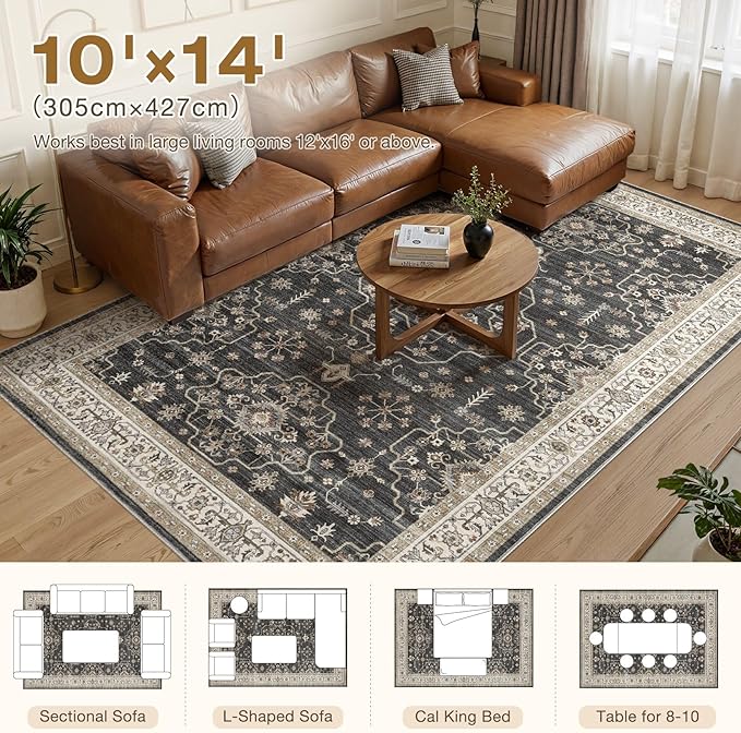 Area Rug for Living Room - 10x14 Soft Washable Oriental Vintage Floral Distressed Large Carpet - Fade Stain Resistant Non Slip Rugs for Bedroom Dining Room Nursery Dorm Office Home Decor - Black