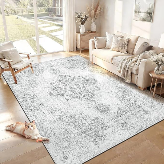 5x7 Area Rugs for Living Room, Washable Vintage Boho Medallion Rug Non Slip Low Pile Floor Carpet for Bedroom Nursery Dining Room (Grey, 5'x7')