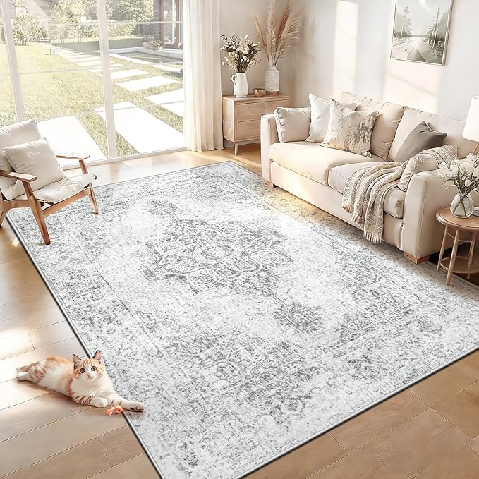 6x9 Area Rugs for Living Room, Washable Vintage Boho Medallion Rug Non Slip Low Pile Floor Carpet for Bedroom Nursery Dining Room (Grey, 6'x9')