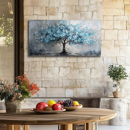 crmotu Tree of Life Large Wall Art, Cherry Blossom Canvas Oil Paintings, Abstract Blue Tree Art Prints, Teal Modern Home Wall Decor Living Room Bedroom Pictures, Neutral Office Decor Artwork 20"X40"