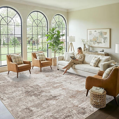 12x12ft Square Living Room Rug – Non-Slip Washable Extra Large Floor Carpet for Bedroom, Dining Room, Playroom Room – Modern Abstract Neutral Thin Low-Pile Big Indoor Rug (Beige Grey)