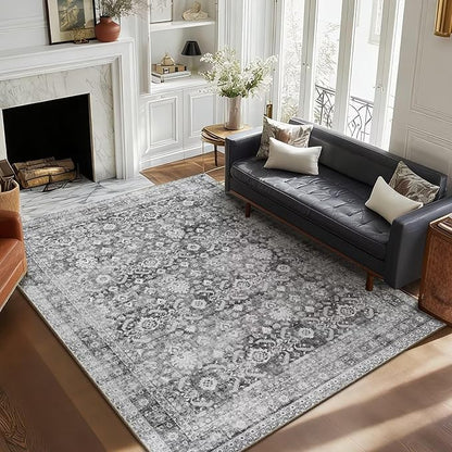 Washable 5x7 Area Rugs for Living Room, Boho Non-Slip Vintage Rugs for Bedroom Dining Room Nursery Office, 0.3" Neutral Oriental Throw Thin Carpet with Cushioning Pad, Grey/Multi, C5