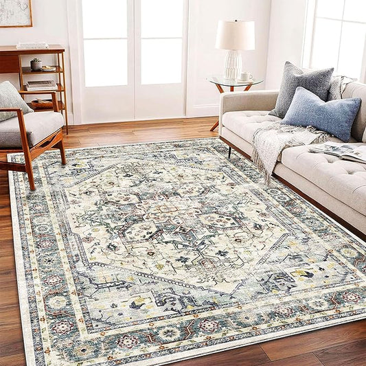 CHAMPLANT Area Rug 6'x9' Cyan Khaki Washable Vintage Traditional Floor Cover Thin Retro Kitchen Indoor Distressed Non Slip Carpet for Living Room Bedroom Dining Room