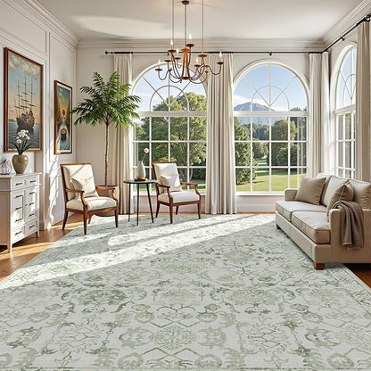 Deerly Sage Extra Large Area Rug 10x14 for Living Room, Distressed Washable Rug for Dining Room Bedroom, Anti-Slip Low-Pile and Soft Accent Rug Farmhouse Office Home Decor Light Green