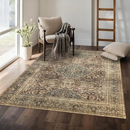 Washable 5x7 Area Rug: Vintage Brown Rugs for Living Room Bedroom Dining Room Office Indoor - Soft Non-Slip Large Carpet Home Decor - Oriental Dark Brown