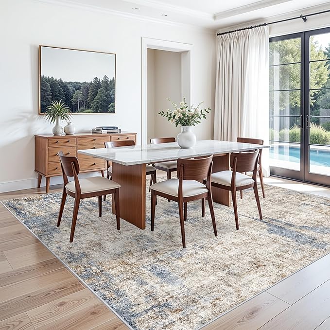 8x8 Square Area Rug Living Room – Non-Slip Washable Large Floor Carpet for Bedroom Dining Room Playroom Room – Modern Abstract Neutral Thin Low-Pile Big Indoor Rug (Blue Brown)
