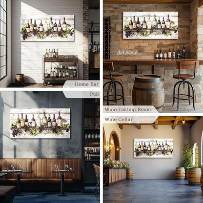 crmotu Wine Bottle Still Life Wall Art, Vintage Kitchen Large Canvas Paintings, Rustic Dining Room Artwork for Walls, Modern Pictures Wall Decor for Home Bar Wine Tasting Room Art Prints 24x48inch