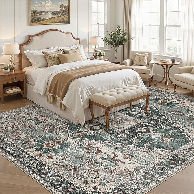 8x10 Washable Area Rugs for Living Room: Non Slip Vintage Green Rug, Large Soft Stain Resistant Indoor Floor Carpets for Bedroom Dining Room Nursery Home Office Kid & Pet Friendly