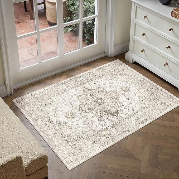 PureCozy Taupe Area Rug 2x3 Washable Vintage Entryway Carpet Non Slip Retro Distressed Door Mat Low Pile Soft Oriental Medallion Thin Small Throw Rug for Kitchen Bedroom Office Bathroom Laundry
