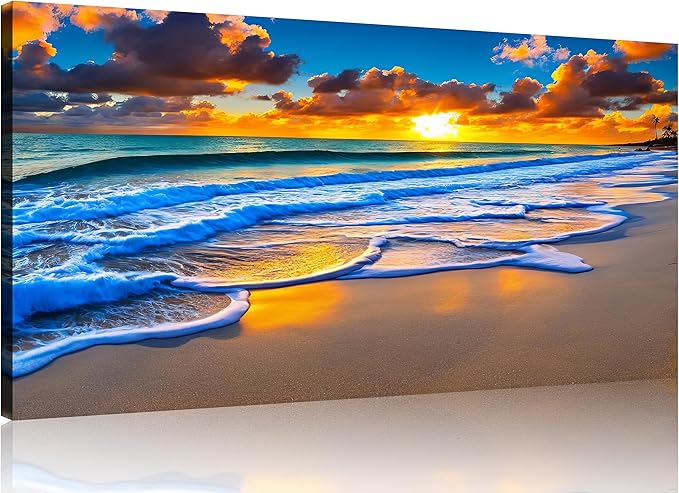 TutuBeer 1 Pcs Wall Decor Beach Ocean Pictures Sunrise over the Beach Pictures Print on Canvas Pictures of the Beach Pictures Wall Art Beach Paintings Ocean Wall Art Stretched and Framed 20" x 40"